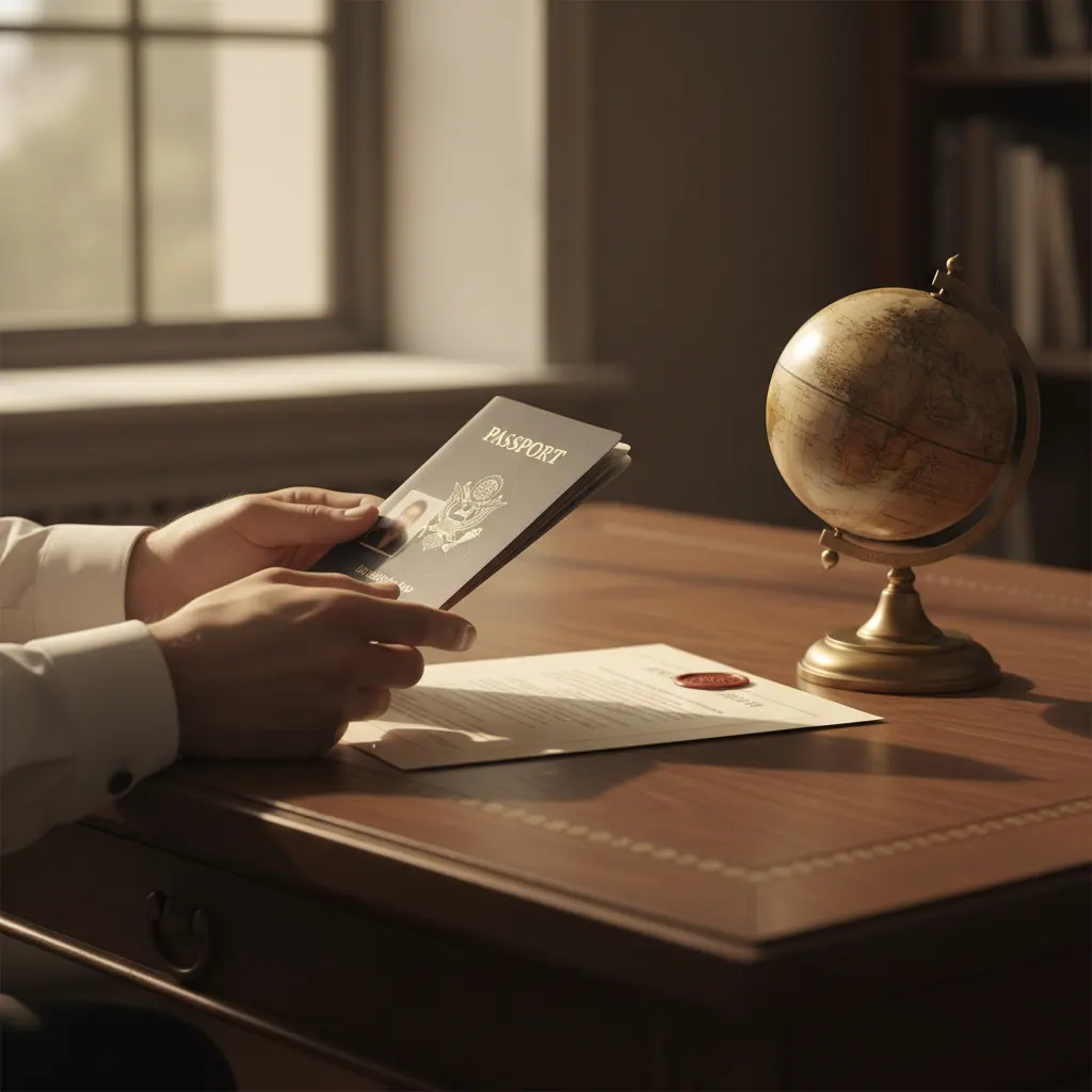 Hands reviewing a US passport beside a vintage brass globe on a dark walnut desk.