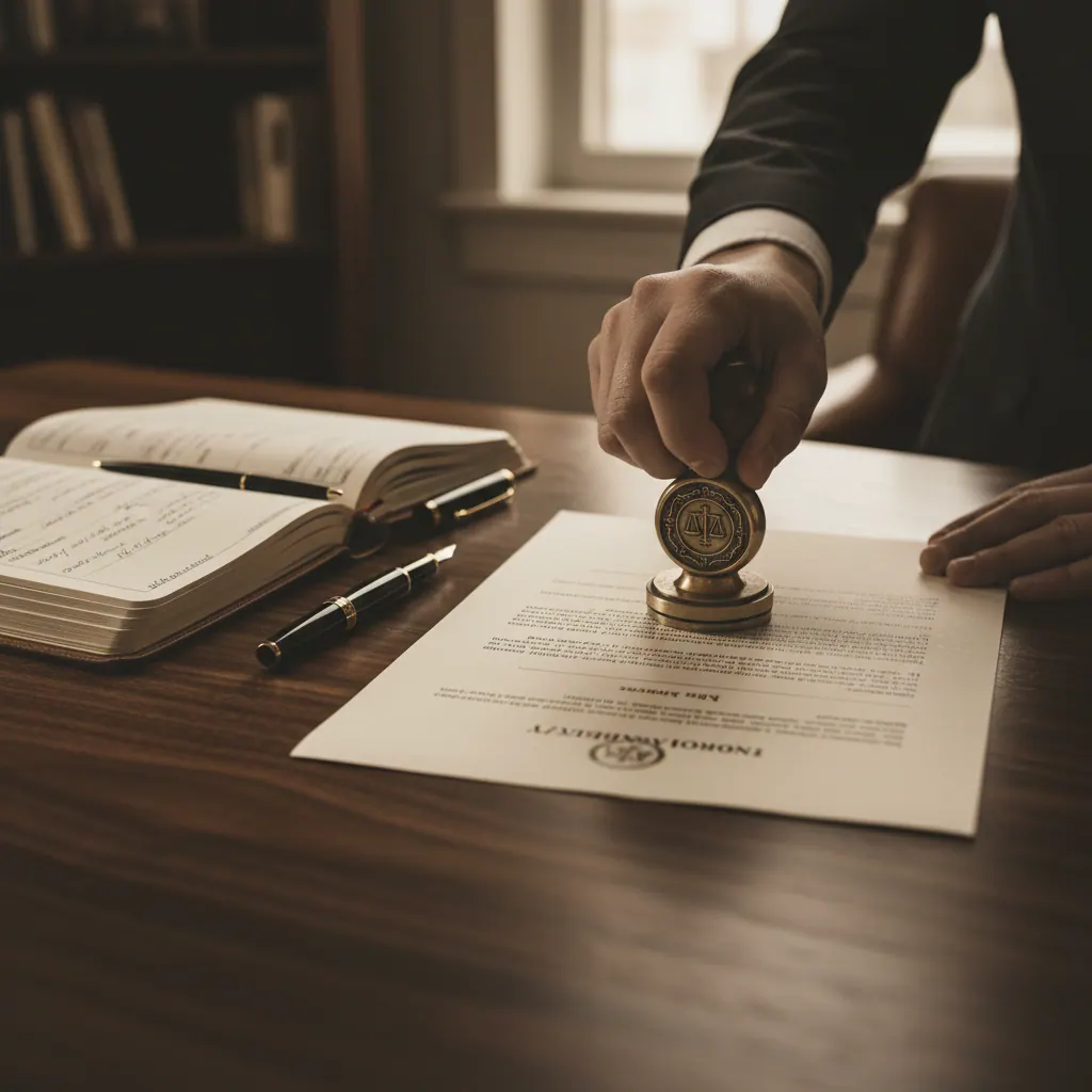 A brass embosser pressing a notary seal onto a document, fountain pen and journal beside it.