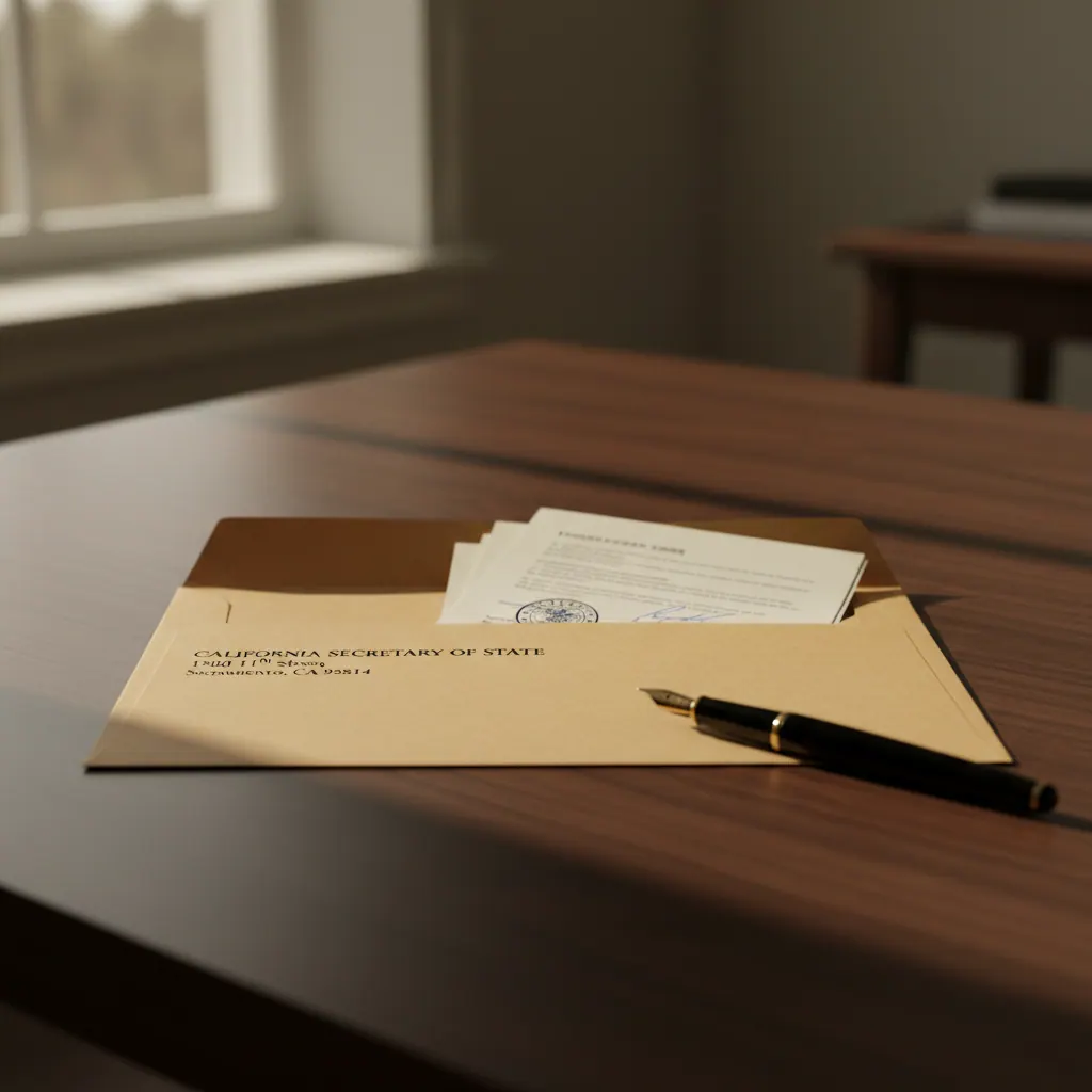 A manila envelope addressed to the California Secretary of State on a dark walnut desk, prepared documents inside.