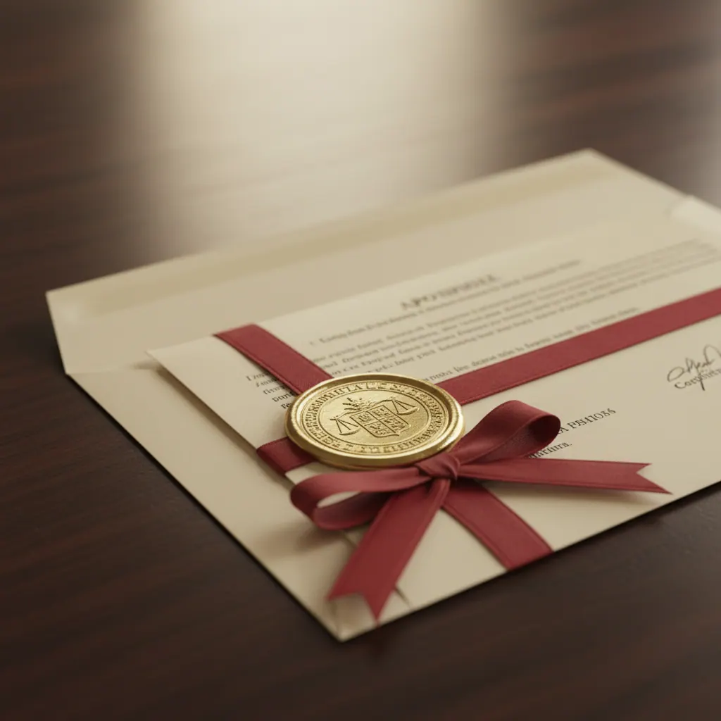 A completed apostille document with embossed gold seal and red ribbon on a cream envelope.