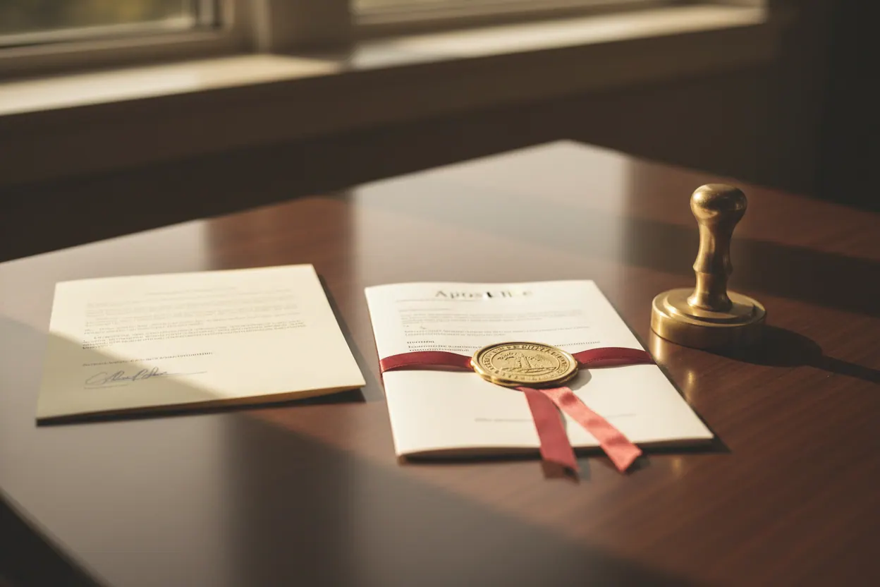 A California-sealed apostille certificate with red ribbon.