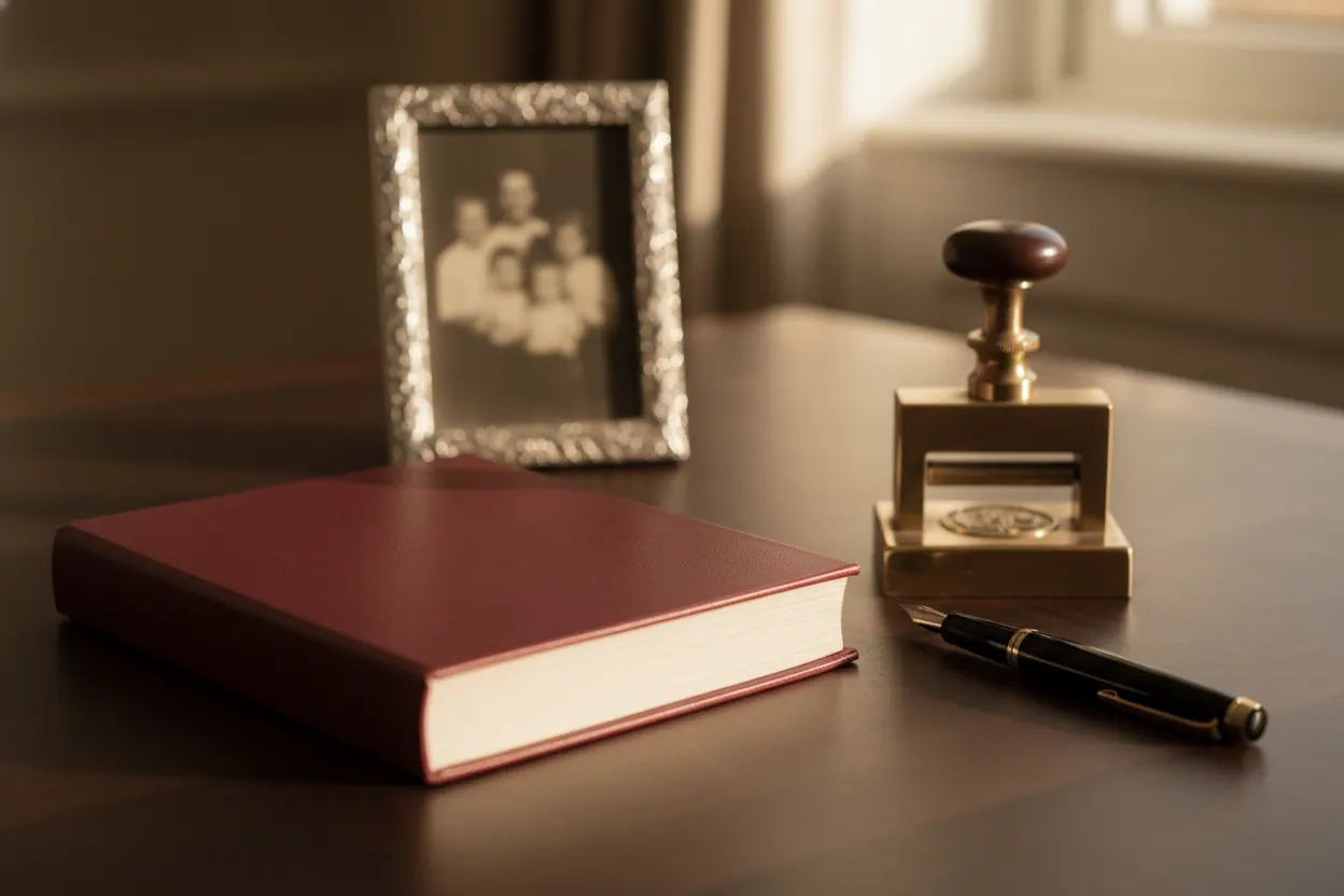 A bound will document with brass embosser and framed photograph in a quiet setting.