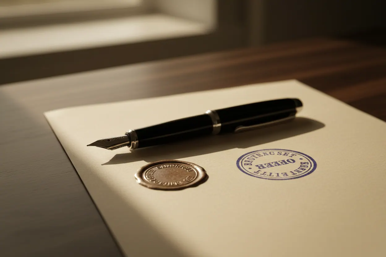 Fountain pen on a notarized document with embossed seal.