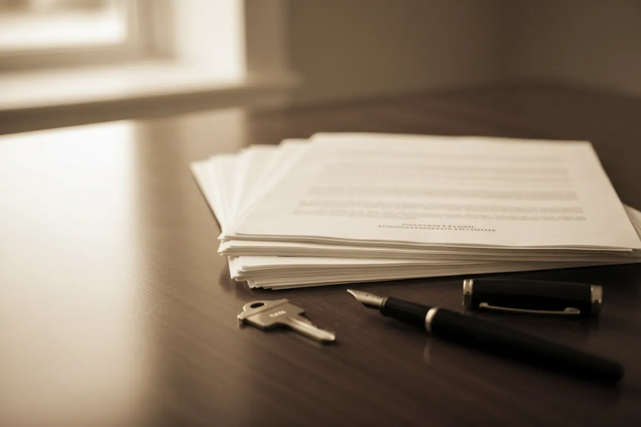 Stack of mortgage closing papers with a brass house key on a dark walnut desk.