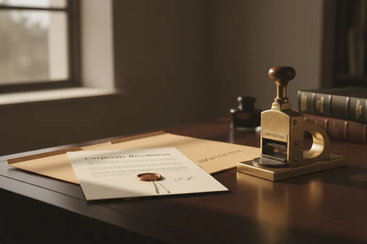 A corporate resolution document with adoption file folder and embosser.