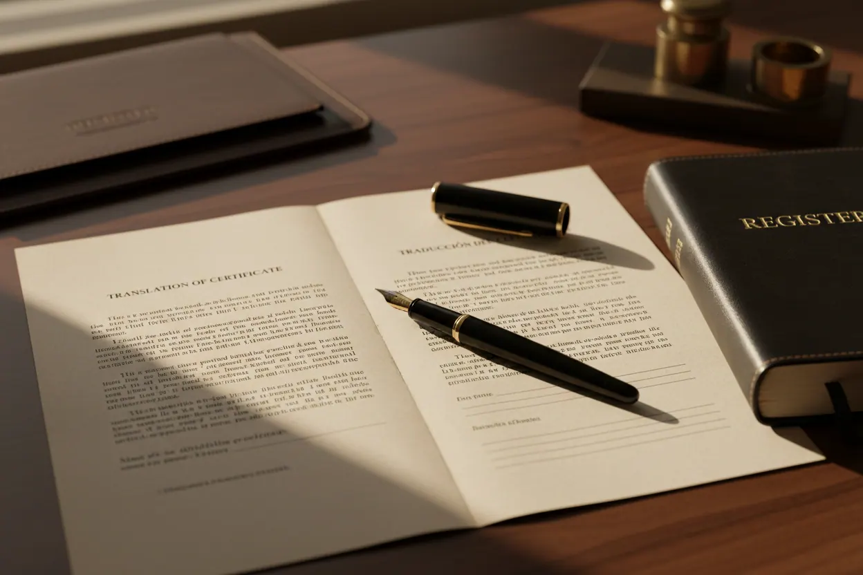 A bilingual document with a notary journal and fountain pen.