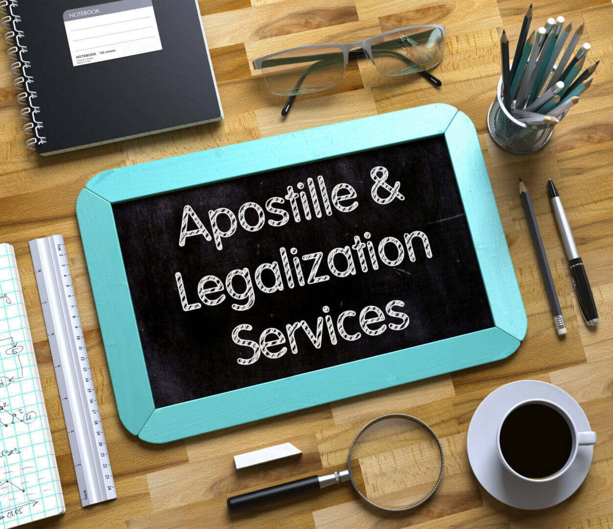 Small Chalkboard with Apostille and Legalization Services. Apostille and Legalization Services Concept on Small Chalkboard. 3d Rendering.