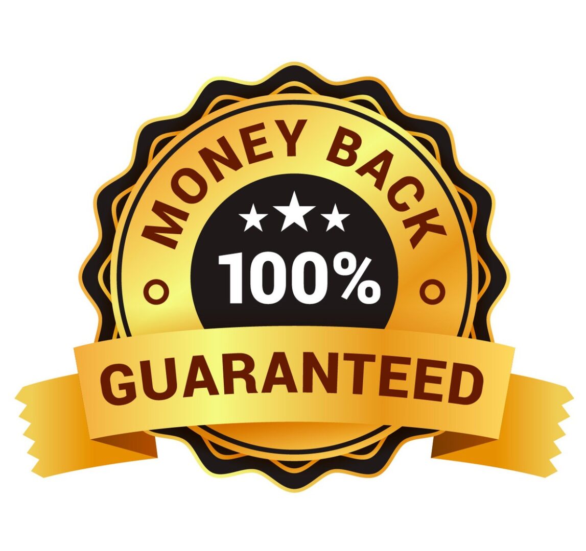 Gold money-back guarantee badge with stars.